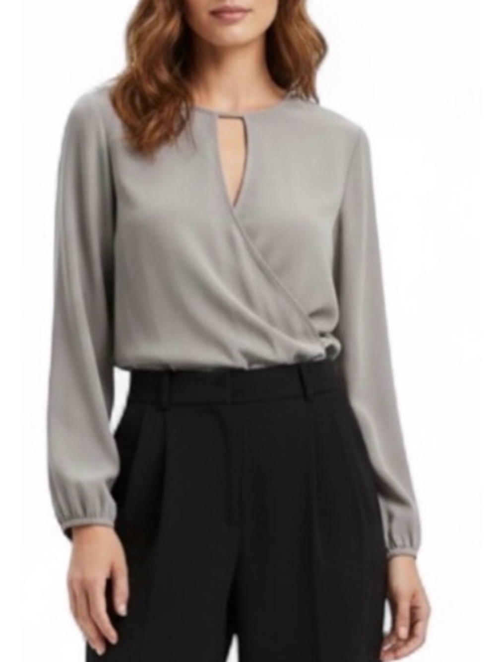 WAYF Nordstrom Gray Crossover Balloon Sleeve Blouse Size Small Faux Wrap